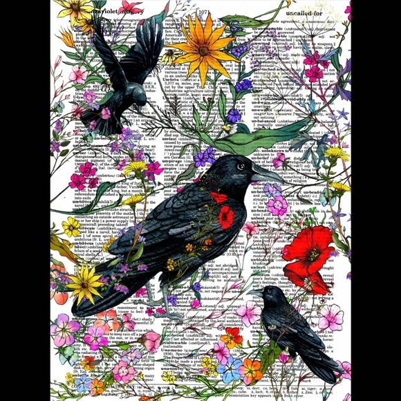 Ravens and Wildflowers Vintage Dictionary Art Pri… - Picture 1 of 5